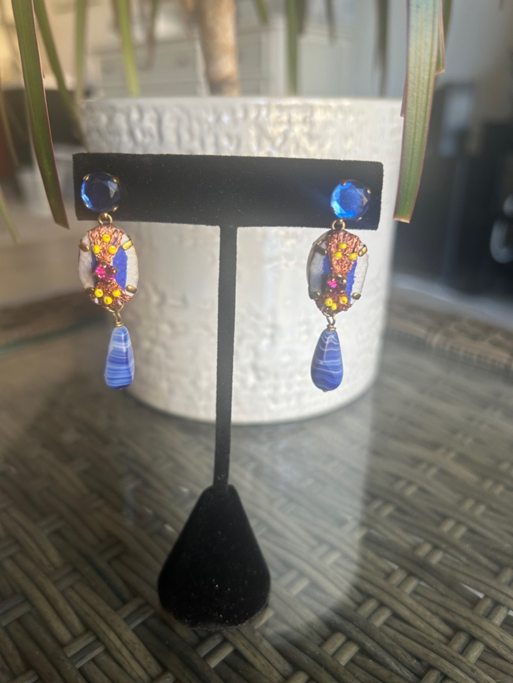 Blue Crystal and Multicolor Bead Drop Earrings